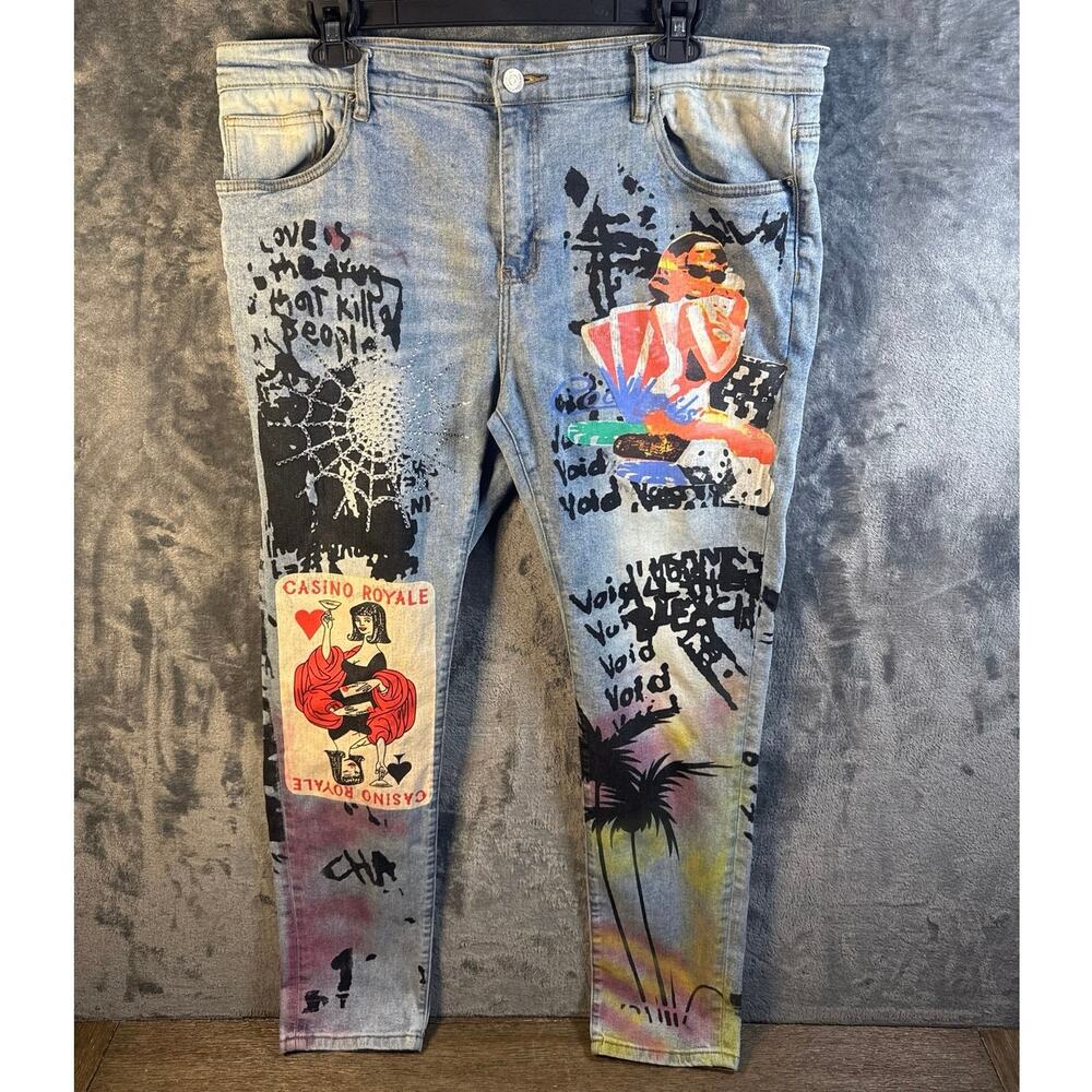 Streetwear x Embellish NYC Mens Size 40 Graffiti Graphic Skinny Jeans Light Wash